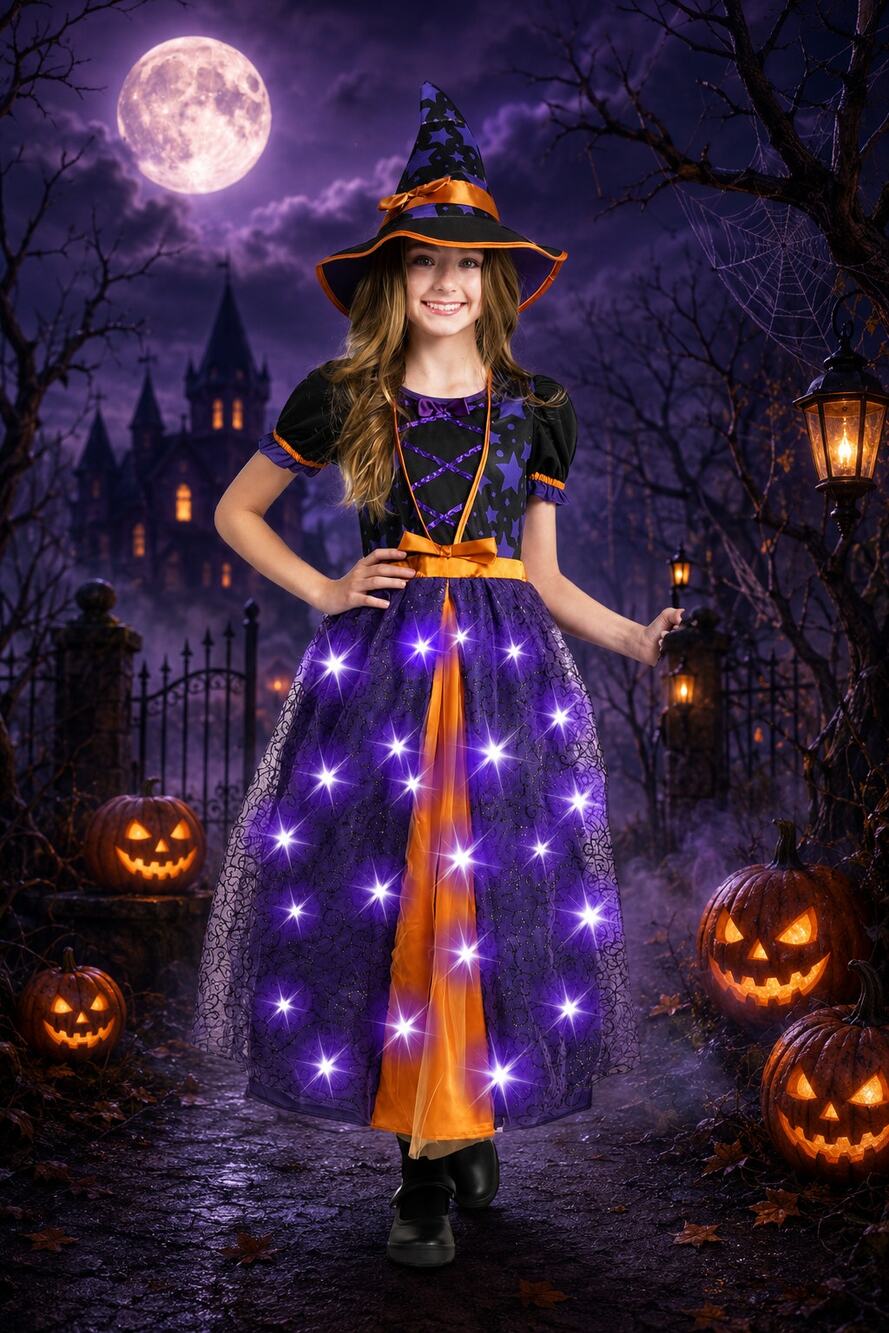 Spooktacular Creations Girls Witch Costume 6-7 Purple LED Light Up Halloween